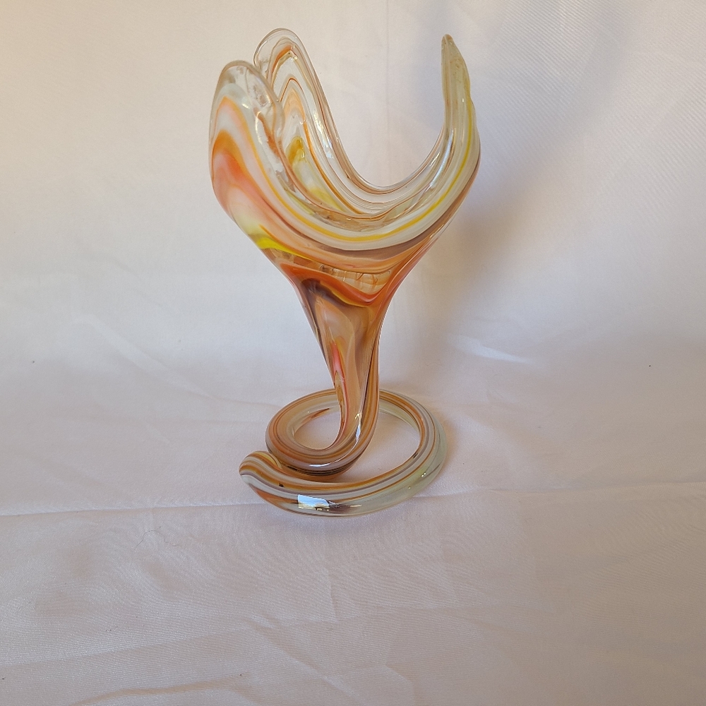 Vintage Sooner Stretch Glass Orange Swirl Serpentine Coil Pedestal Trumpet Vase